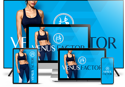 Venus Factor Body Sculpting Program displayed on laptop, tablet, and smartphone screens — free digital bonus included with supplement purchase