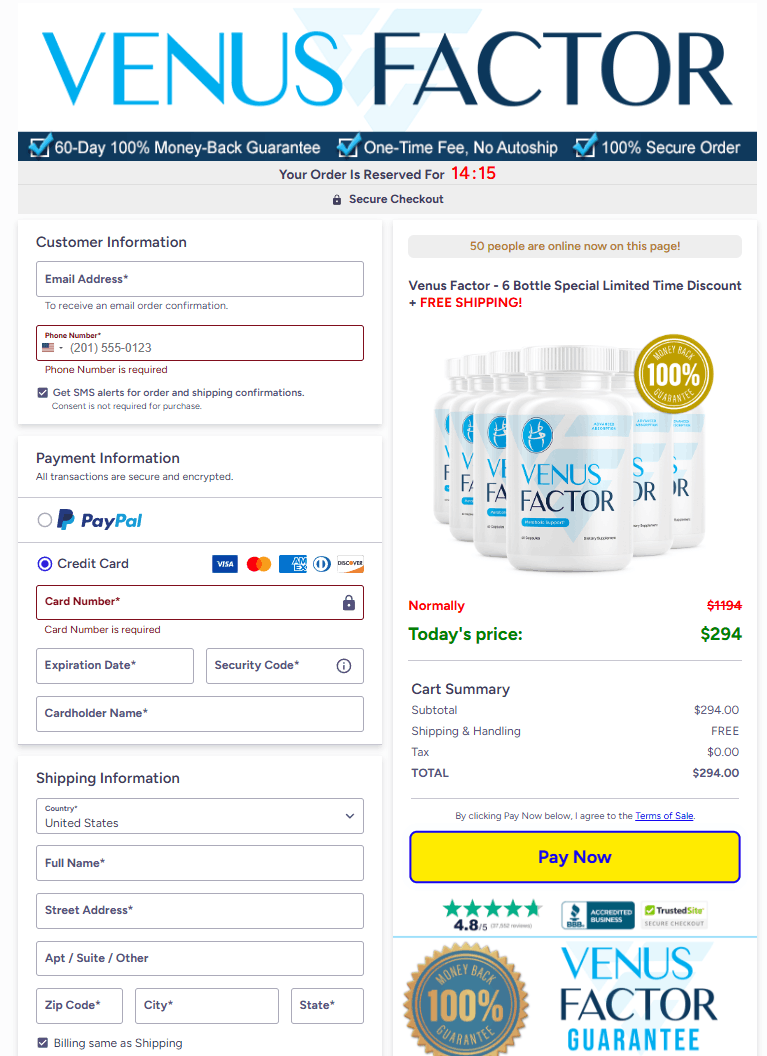 Venus Factor secure checkout page with payment fields for credit card and PayPal, order summary showing 6-bottle bundle pricing, and trust badges